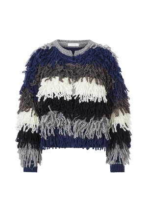 Fluffy, multicolored sweater featuring blue, gray, white, and black yarn strands in horizontal stripes with a crew neckline and ribbed cuffs.