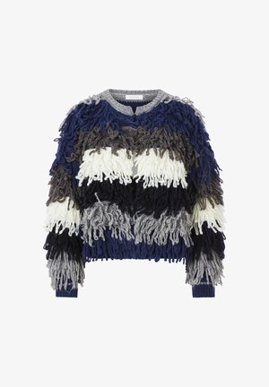 Flauschiger, mehrfarbiger Pullover mit blauen, grauen, weißen und schwarzen Garnsträngen in horizontalen Streifen, runder Ausschnitt und gerippten Bündchen.