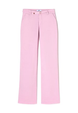 Light pink, wide-leg trousers made of soft fabric. Features a zipper fly, button closure, and front pockets. Smooth texture, no visible patterns.