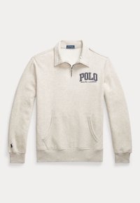 Ljusgrå tröja med halv dragkedja, framfickan i känguru-stil och marinblå "POLO RALPH LAUREN"-logotyp. Ribbstickade ärmslut och nederkant.