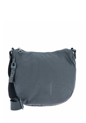 Gray fabric crossbody bag with a textured surface, zip closure, and adjustable strap. Features a subtle logo and rounded shape.