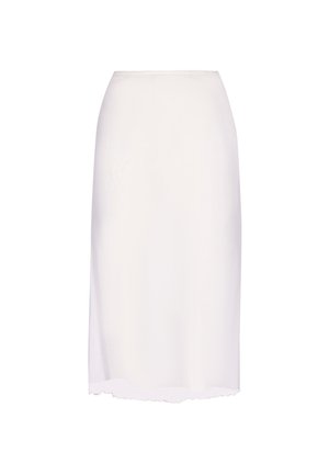 Hvid, knælængde blyantskørt med en diskret bølget kant, glat tekstur og en tætsiddende talje.