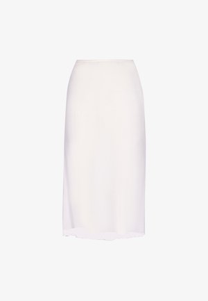 Hvid, knælængde blyantskørt med en diskret bølget kant, glat tekstur og en tætsiddende talje.