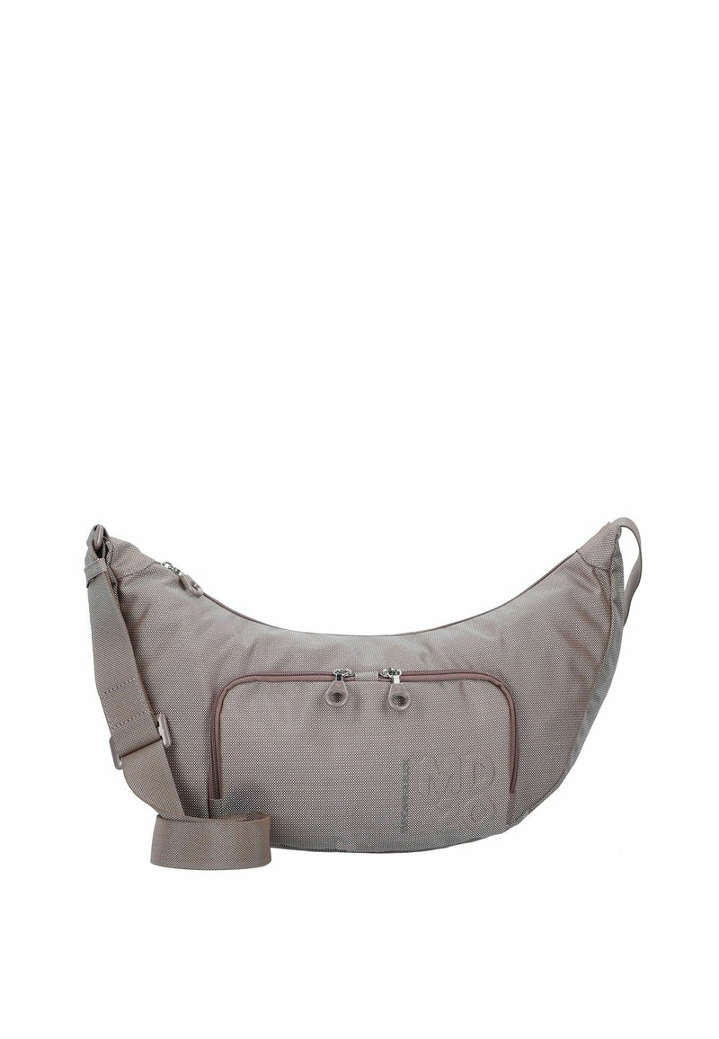 Hobo-Tasche aus leicht taupefarbenem Stoff mit strukturiertem Finish, ausgestattet mit einer vorderen Reißverschlusstasche, verstellbarem Tragegurt und dezentem Branding.