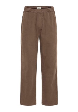 Brown, loose-fitting pants made of soft cotton. Features an elastic waistband and straight leg design with no visible pockets.