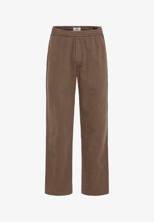 Brown, loose-fitting pants made of soft cotton. Features an elastic waistband and straight leg design with no visible pockets.