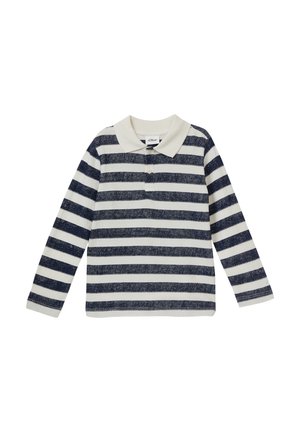 Marineblauwe en witte gestreepte polo met lange mouwen, voorzien van een zachte kraag en een sluiting met drie knopen, gemaakt van gemêleerd katoen.