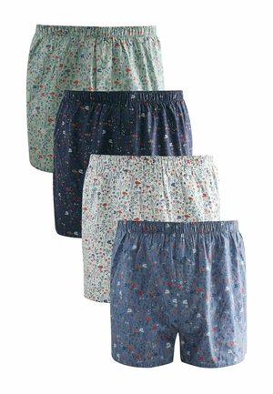 Set aus vier Boxershorts aus gemustertem Baumwollstoff. Merkmale sind verschiedene florale Designs, elastischer Bund und Knopf-Akzente.