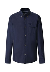 Marineblauw overhemd met lange mouwen en knopen, een button-down kraag, vijf knopen aan de voorkant en een borstzak met klep en logotag.