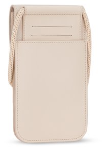 Leather cardholder in light beige with a woven strap. Features three card slots and a smooth, textured surface. Minimalist design.