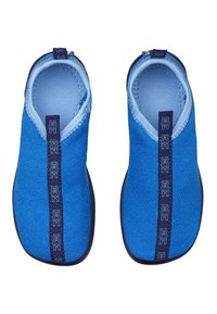 Blue slip-on shoes with a textured fabric upper, contrasting light blue lining, and navy accent strap featuring bear motifs.