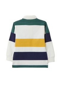 Rugbyshirt met lange mouwen met brede horizontale strepen in donkergroen, wit, mosterdgeel en marineblauw, gezien vanaf de achterzijde.
