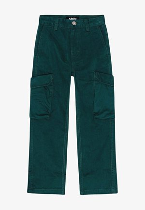 Grønne corduroy cargo bukser med lige ben-design, to sidelommer og knaplukning. Glat tekstur med detaljeret syning.
