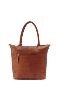 Bruine leren handtas met bovenhandvatten, voorzien van een ritsvak aan de voorkant, een gladde textuur en een minimalistisch ontwerp.