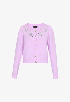 Cardigan de punto morado con mangas largas, que presenta adornos florales decorativos y botones brillantes en la parte delantera. Textura suave.
