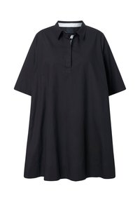 Camicetta nera a maniche corte con colletto, dotata di una patta con bottoni e una silhouette ampia a forma di A. Tessuto liscio con un delicato luccichio.