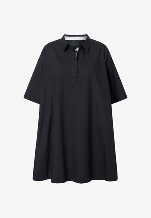 Schwarzes, kurzärmliges Hemd mit Kragen, ausgestattet mit einer knöpfbaren Leiste und einer lockeren, A-förmigen Silhouette. Glatter Stoff mit dezentem Glanz.