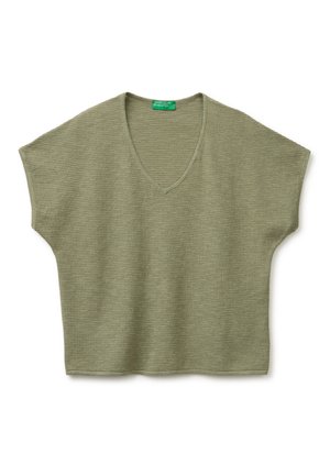 Haut court en tricot vert olive clair à manches courtes, avec col en V et texture côtelée, étiqueté United Colors of Benetton.