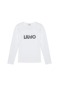 T-shirt bianca a maniche lunghe con testo nero "LIU JO" in un design a fantasia, esposta su uno sfondo semplice.