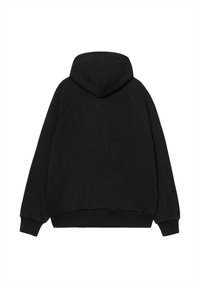 Felpa nera con cappuccio, maniche raglan, texture morbida e vestibilità rilassata. Nessun marchio visibile o dettagli aggiuntivi.