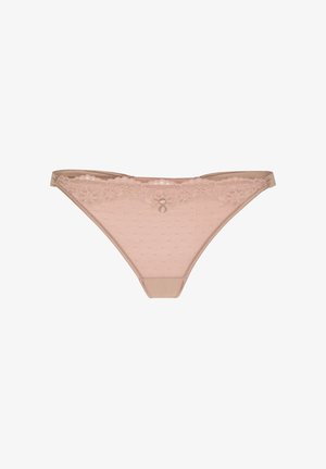 Beige kanten bikini-ondergoed met bloemenkantafwerking en een kleine decoratieve strik aan de voorkant tegen een effen achtergrond.