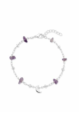Pulsera de cadena de plata con cuentas de piedra morada y un pequeño colgante de media luna, con cierre ajustable.