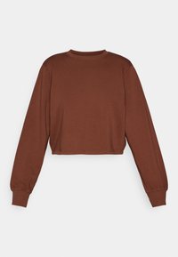 Sweatshirt court marron, fabriqué en tissu doux, avec des manches longues et un col rond. La texture est lisse avec des détails de couture minimaux.