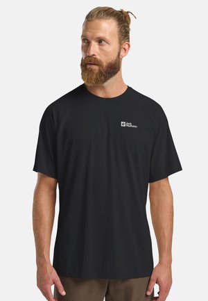 Schwarzes T-Shirt mit kurzen Ärmeln aus glattem Synthetikstoff, mit einem Logo auf der linken Brust und Raglanärmeln für optimale Bewegungsfreiheit.