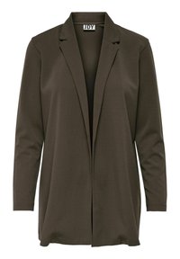 Blazer verde oliva scuro, tessuto leggero, frontale aperto, maniche lunghe, design minimalista con colletto a revers e senza chiusura.