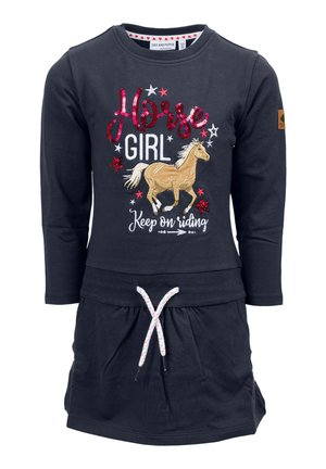 Donkerblauwe kinderjurk met lange mouwen, taille met trekkoord, en een paardgrafiek met de tekst "Horse Girl Keep on Riding" en sterversieringen.