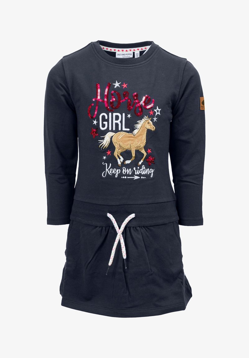 Robe pour enfants bleu marine à manches longues, taille à cordon, avec un graphisme de cheval accompagné du texte « Horse Girl Keep on Riding » et des ornements en forme d'étoiles.