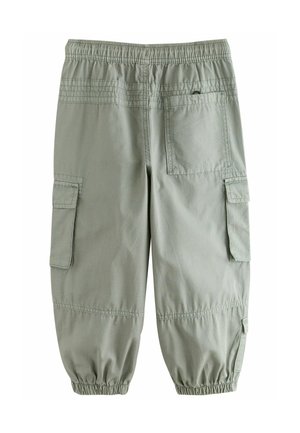 Pantalons cargo vert clair avec une taille élastique, deux poches latérales et une poche arrière, dotés de poignets froncés à l'ourlet.