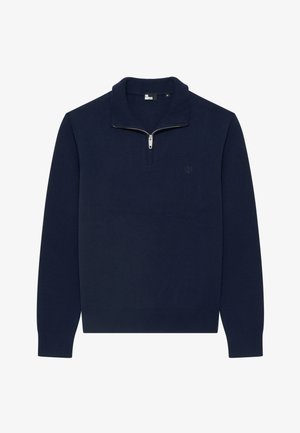Maglione blu navy a collo alto con zip, caratterizzato da polsini e orlo a coste, realizzato in tessuto morbido, con un logo discreto sul petto.