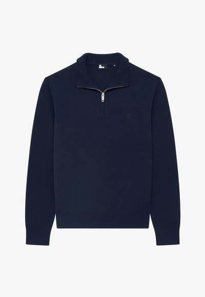 Marineblauer Pullover mit hohem Kragen und Reißverschluss, mit gerippten Bündchen und Saum, aus weichem Material gefertigt, mit dezentem Logo auf der Brust.