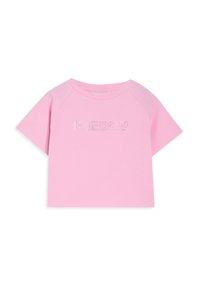 Camiseta de manga corta de color rosa claro con cuello redondeado, que presenta un logo "FREDDY" adornado con piedras de strass en la parte delantera.