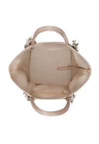 Borsa beige con due manici superiori, interno in morbido tessuto, tasca con zip singola e un ampio scomparto principale con accenti di design minimalista.