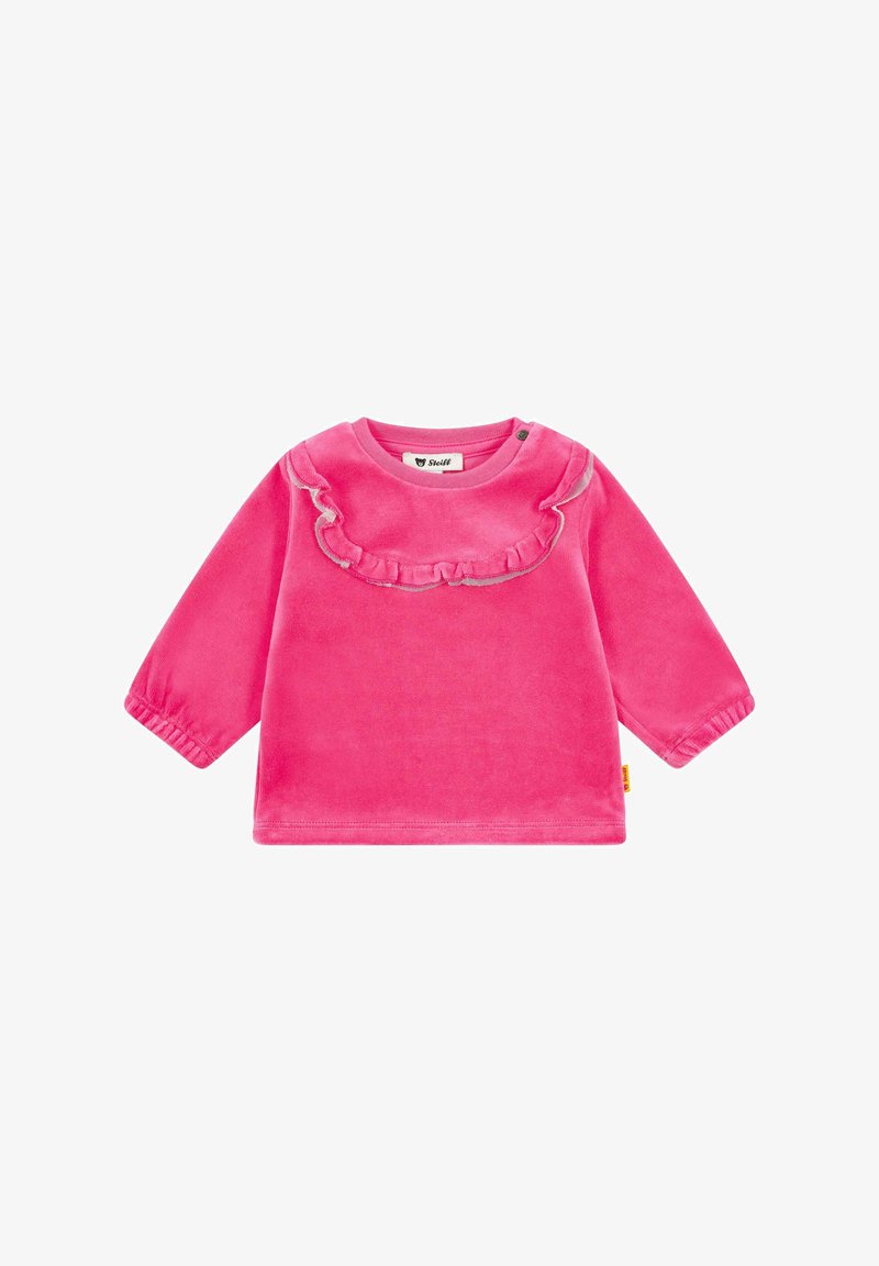 Maglietta rosa di velluto a maniche lunghe con scollo arricciato e polsini elasticizzati. Il design presenta un colore uniforme e semplice, senza motivi.