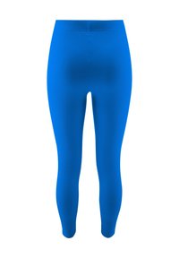 Niebieskie, prążkowane legginsy z wysokim stanem, charakteryzujące się gładką teksturą i dopasowanym krojem, który zwęża się w kostce. Brak widocznych logo.