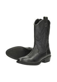 Zwarte leren cowboylaarzen met een geperste bladpatroon, een zijrits, spitse neus en een lage gestapelde hak. De zolen zijn plat en afgerond.