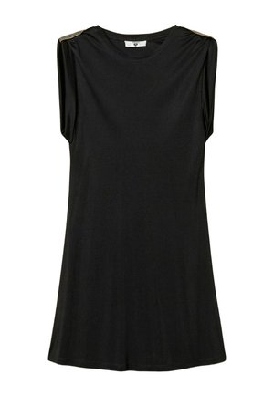 Abito nero senza maniche con scollo rotondo e applicazioni metalliche sulle cuciture delle spalle, taglio dritto, lunghezza al ginocchio.