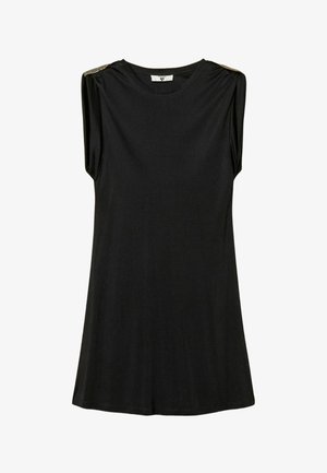 Abito nero senza maniche con scollo rotondo e applicazioni metalliche sulle cuciture delle spalle, taglio dritto, lunghezza al ginocchio.