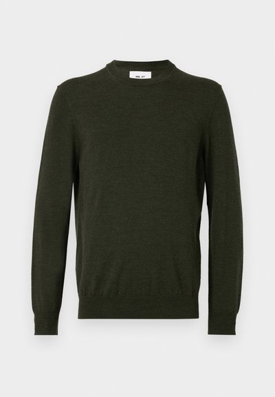 Dunkelgrüner Pullover aus einem strukturierten Wollmix, mit Rundhalsausschnitt und langen Ärmeln, ribbelten Bündchen und Saum.