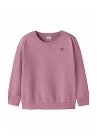 Felpa rosa con scollatura a girocollo, polsini e orlo a costine. Presenta un piccolo dettaglio a forma di cuore sul petto. Realizzata in morbido cotone.