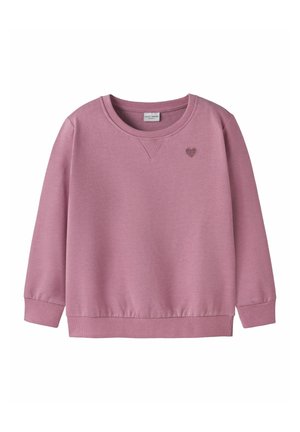 Sweat-shirt rose avec un col rond, des poignets et un ourlet à côtes. Présente un petit détail en forme de cœur sur la poitrine. Fabriqué en coton doux.