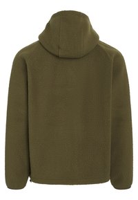 Giacca in pile verde oliva con cappuccio. Presenta una finitura morbida e testurizzata e un taglio dritto. Senza hardware o accenti visibili.