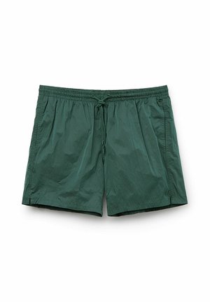 Shorts de bain vert foncé en tissu léger, avec une taille élastique munie d'un cordon de serrage et des poches latérales. Texture lisse, design décontracté.