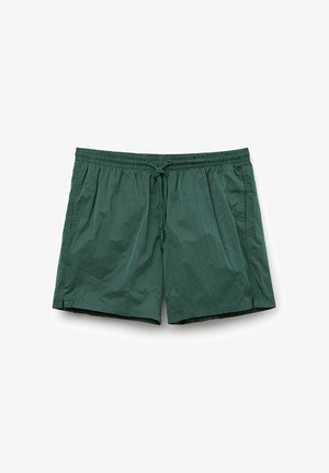 Dunkelgrüne Badehose aus leichtem Material, mit elastischem Bund und Kordelzug sowie seitlichen Taschen. Glatte Textur, lässiges Design.