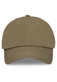 Khakiszínű baseballsapka pamutból készült. Ívelt napellenzővel, hat panellel, szellőzőnyílásokkal és egy felső gombbal rendelkezik. A varrás a karimán látható.