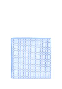 Tessuto strutturato blu chiaro con un motivo a griglia, rifinito con un bordo blu solido. Il materiale appare liscio e morbido.