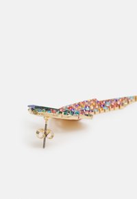 Colorful, jeweled metallic earring featuring a butterfly shape, gold accents, and multiple vibrant gems in various sizes and shapes.